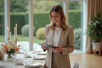 Organisatrice de mariage vérifiant son planning dans une salle élégante