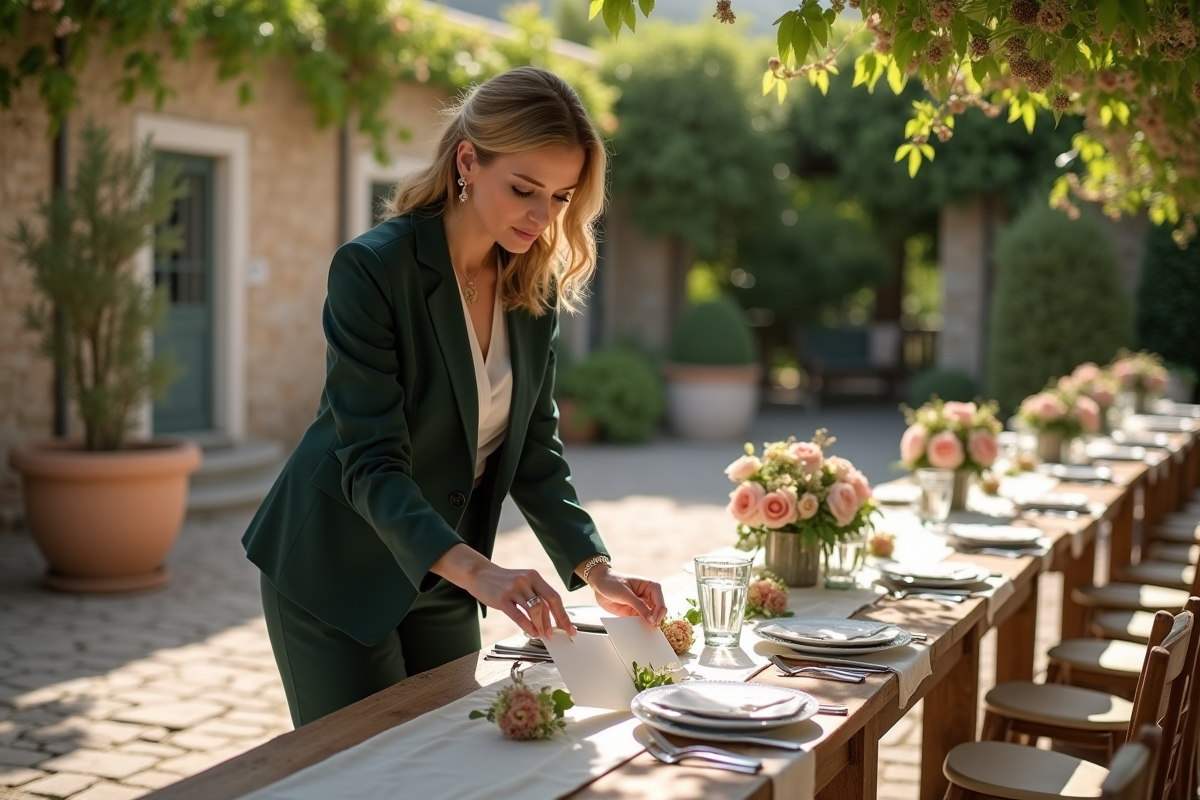 Femme planificatrice arrangeant des cartes de table en extérieur