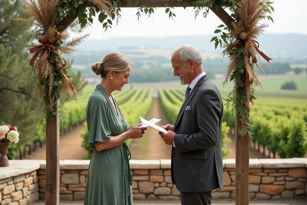 Parents des mariés lisant ensemble un discours émouvant lors d'un mariage intime dans un vignoble