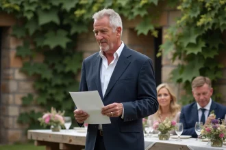 Père ému prononçant son discours de mariage lors d'un petit mariage intime en plein air