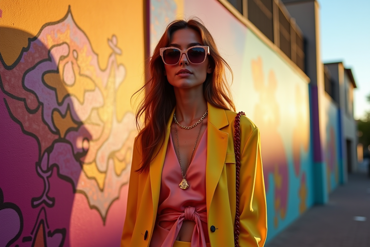Personne à la mode devant un mur mural coloré en lumière dorée
