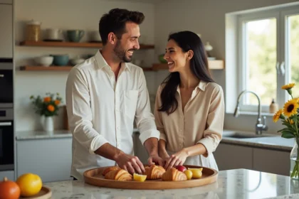 Jeune couple préparant un petit déjeuner dans une cuisine lumineuse