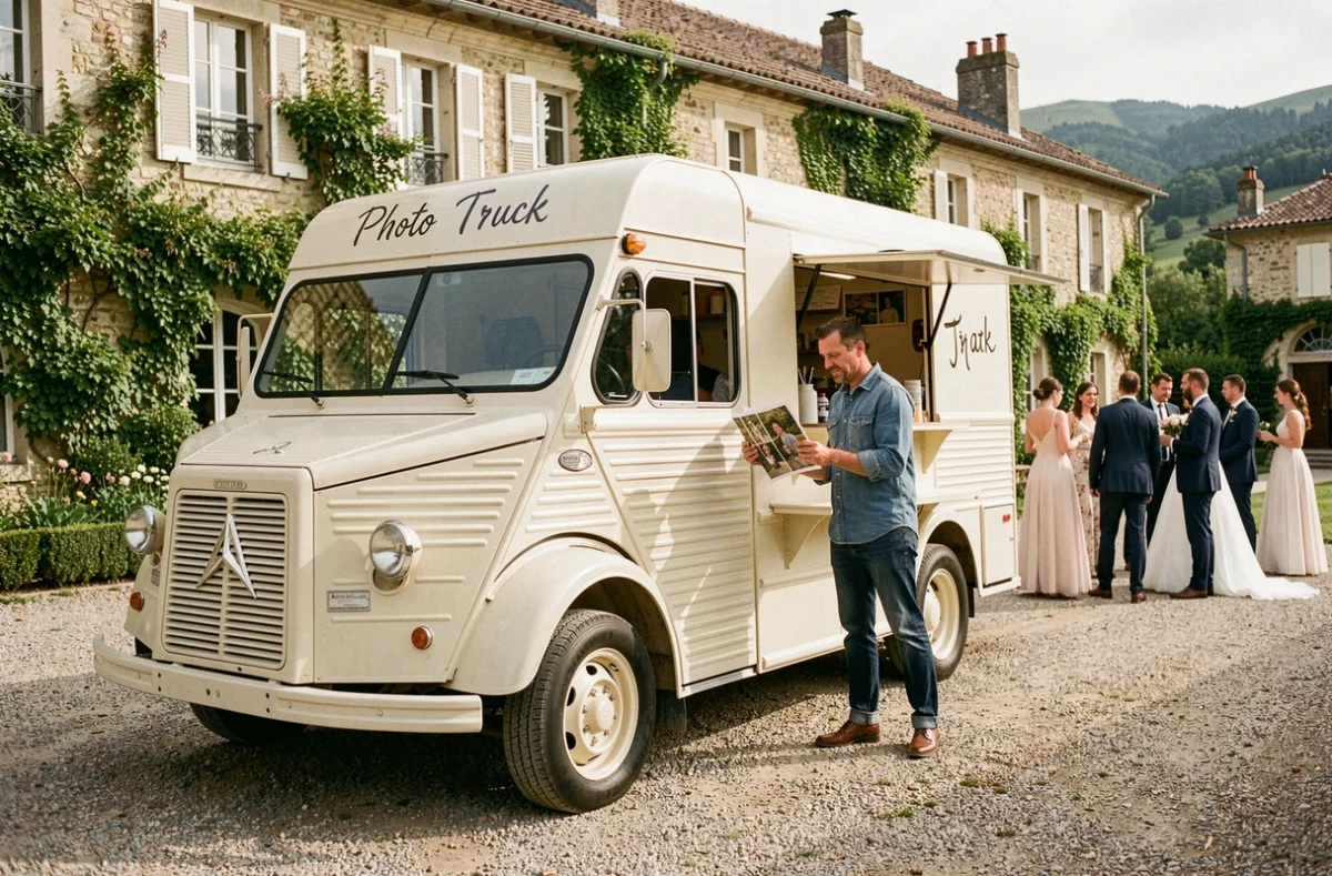 Le Photo Truck, studio photographique mobile, garé dans la cour d'un domaine de mariage dans l'Ain