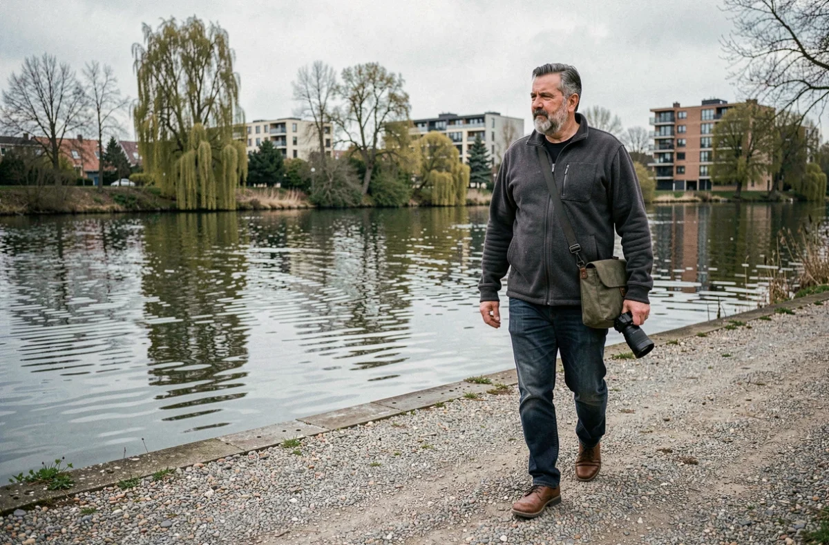 Photographe se déplaçant le long des bords de la Marne à Champs-sur-Marne avec son équipement
