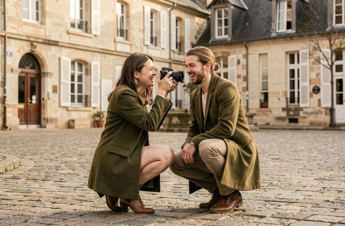 Photographe de couple en plein travail dans le centre-ville de Rambouillet lors d'une séance engagement