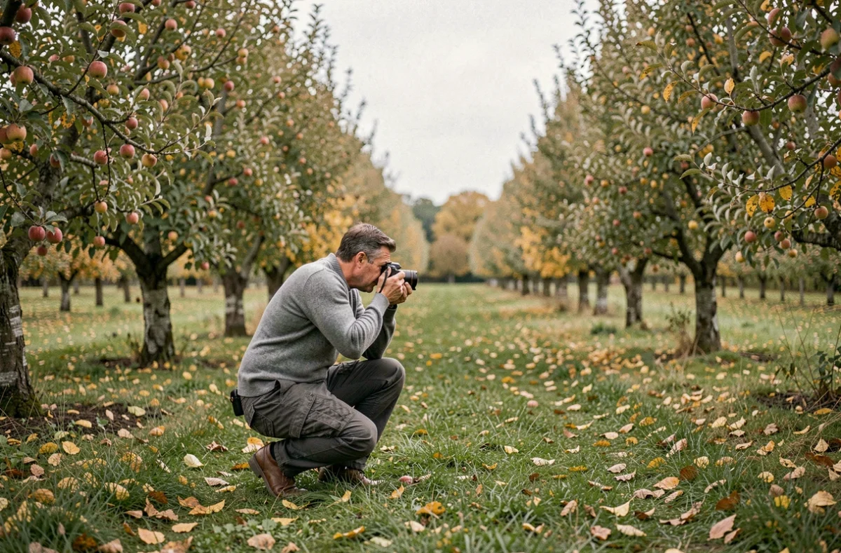 Photographe de couple en extérieur dans un verger normand près de Lisieux en automne