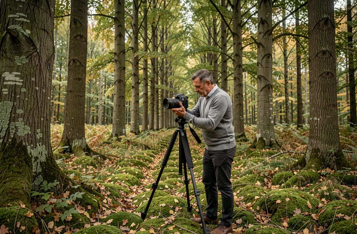 Photographe masculin installant un trépied dans la forêt de Rambouillet pour une séance photo