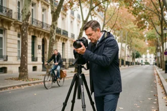 Photographe professionnel en extérieur dans une rue résidentielle de Chaville ajustant son appareil photo sur trépied