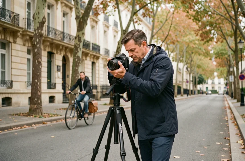 Photographe professionnel en extérieur dans une rue résidentielle de Chaville ajustant son appareil photo sur trépied