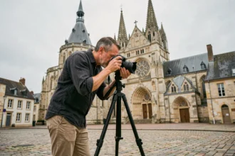 Photographe professionnel devant la cathédrale Saint-Pierre de Lisieux avec son appareil photo sur trépied