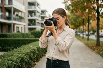 Photographe professionnelle ajustant son appareil photo lors d'une séance en extérieur à Champs-sur-Marne