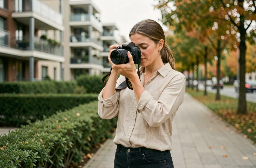 Photographe professionnelle ajustant son appareil photo lors d'une séance en extérieur à Champs-sur-Marne