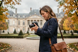 Photographe professionnelle devant le Château de Rambouillet tenant un appareil photo reflex numérique