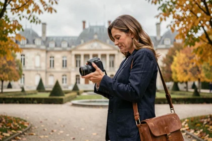 Photographe professionnelle devant le Château de Rambouillet tenant un appareil photo reflex numérique