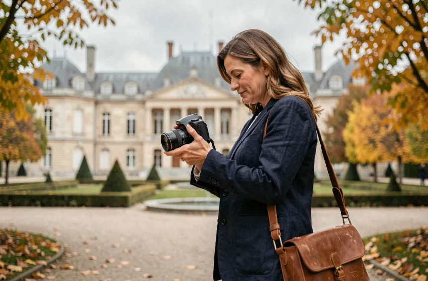 Photographe professionnelle devant le Château de Rambouillet tenant un appareil photo reflex numérique