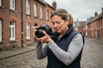 Photographe professionnelle ajustant son appareil photo devant des maisons en briques rouges typiques de Montigny-en-Gohelle