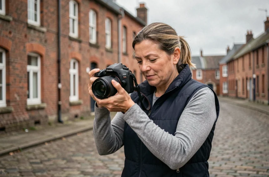 Photographe professionnelle ajustant son appareil photo devant des maisons en briques rouges typiques de Montigny-en-Gohelle