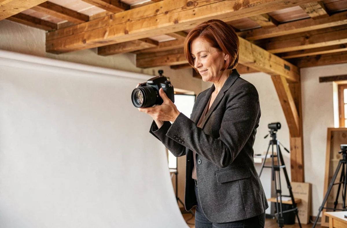 Photographe féminine en studio à Lisieux examinant les photos sur son appareil reflex