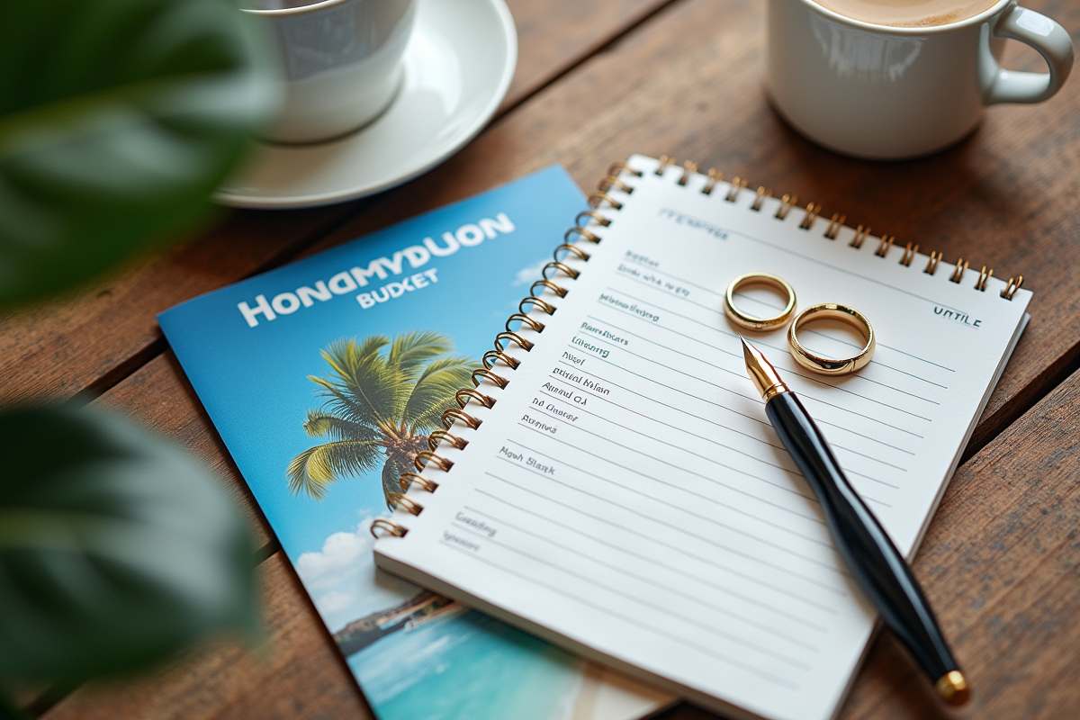 Arrangement de brochures de voyage et planification de lune de miel