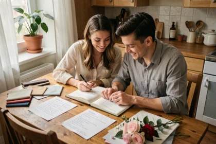 Couple planifiant leur mariage avec petit budget autour d'une table en bois couverte de notes et d'échantillons floraux