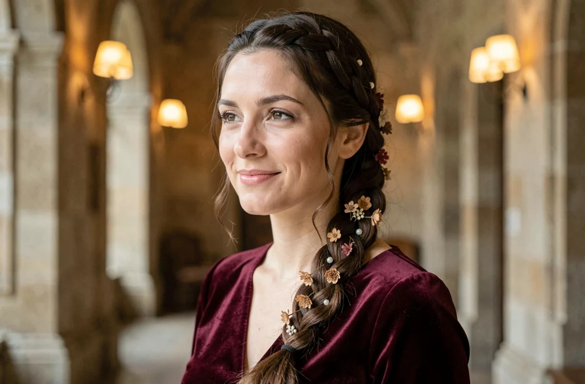 Portrait rapproché d'une demoiselle d'honneur avec une tresse arête de poisson ornée de fleurs séchées et d'épingles nacrées