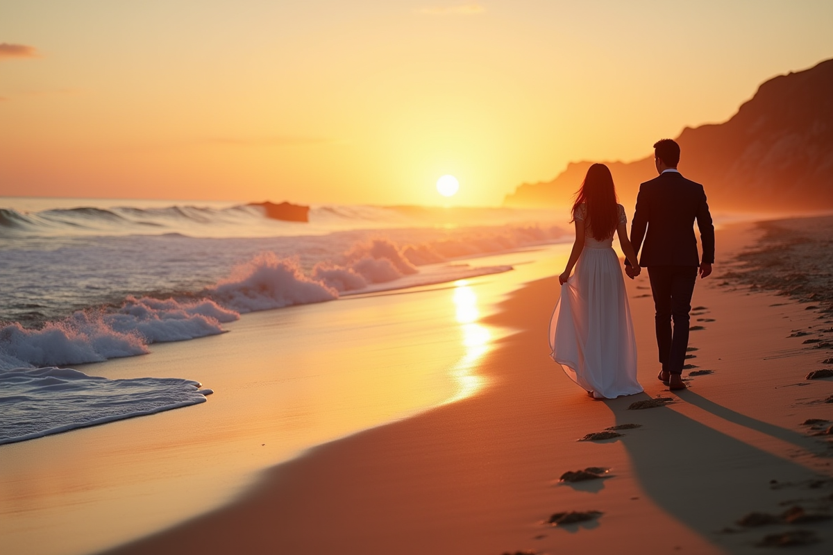 Couple marchant main dans la main sur la plage au coucher du soleil
