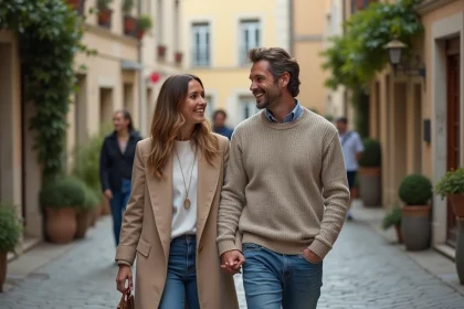 Femme et homme souriants dans un village français pittoresque