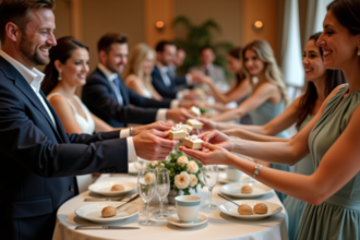 Invités élégants recevant des cadeaux lors d'une réception de mariage