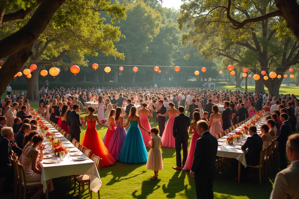 Réception de mariage gitan en plein air avec des invités en tenues colorées, musique traditionnelle et danse en cercle dans un champ