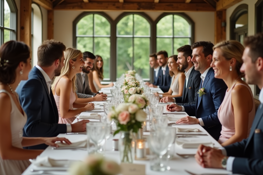Groupe d'invites élégants lors d'une reception de mariage