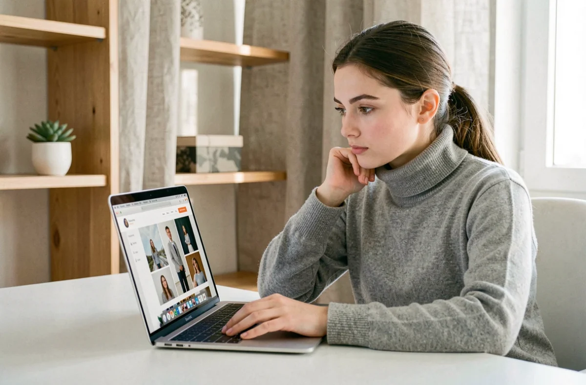 Une jeune femme recherche un photographe idéal en parcourant des portfolios en ligne depuis son bureau à domicile