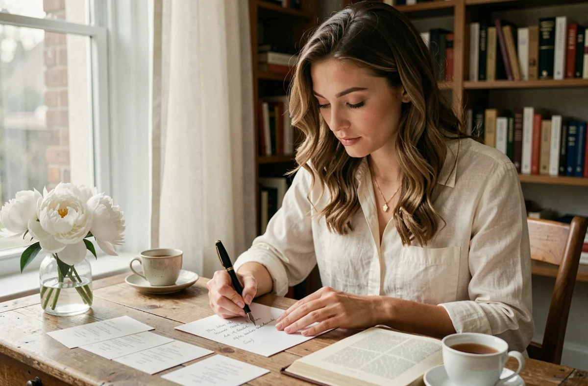 Femme rédigeant à la main des vers poétiques sur un menu de mariage avec une plume et des pivoines blanches