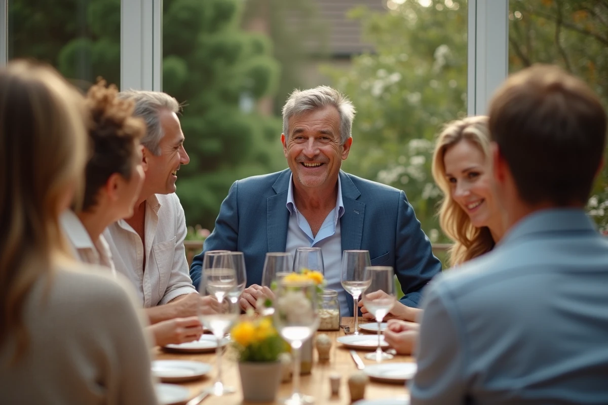 Groupe de personnes souriantes autour d une table de fête