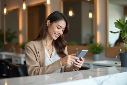 Femme réservant un rendez-vous dans un salon de coiffure moderne via une application sur smartphone