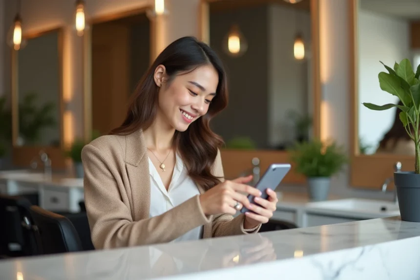 Femme réservant un rendez-vous dans un salon de coiffure moderne via une application sur smartphone