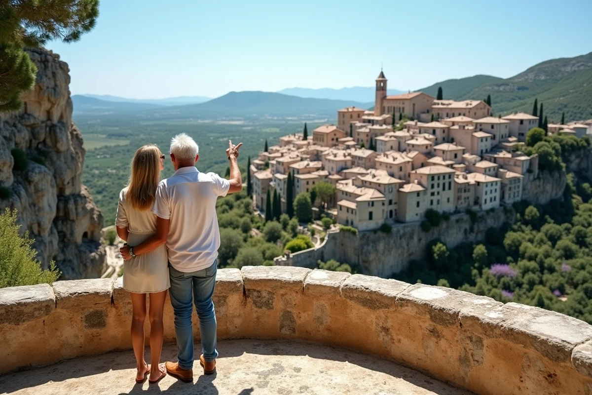 Couple de résidents de Gordes au belvédère du village avec vue panoramique sur les maisons en pierre du Luberon