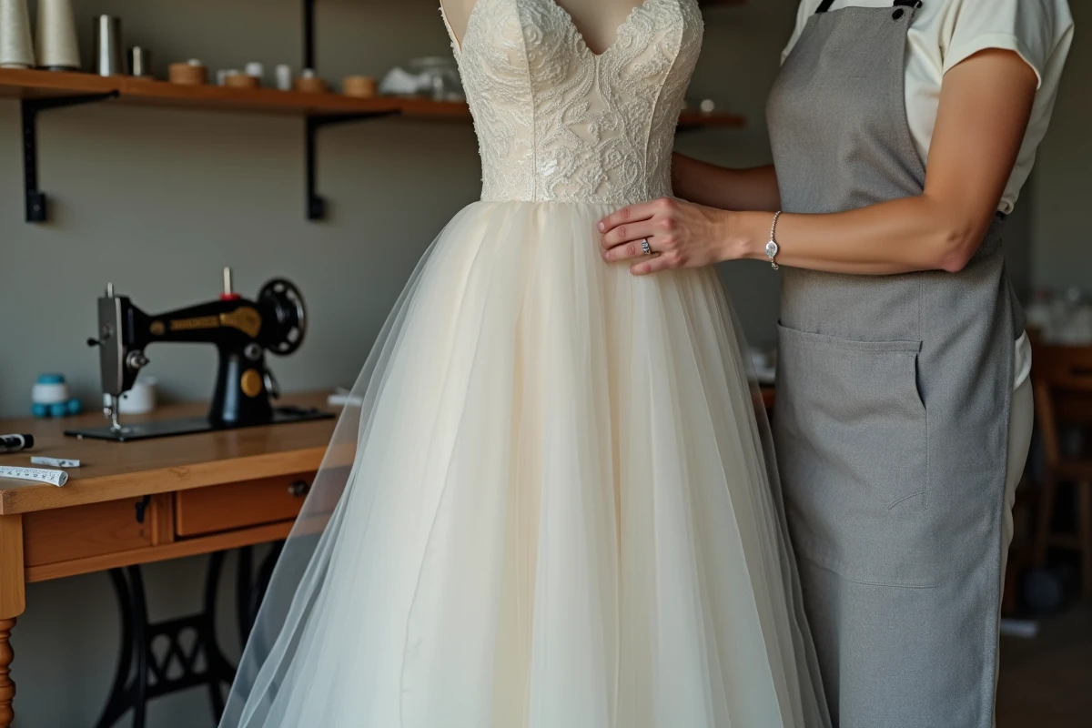 Couturière professionnelle effectuant des retouches sur une robe de mariée blanche dans un atelier de couture