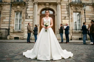 Femme en robe de mariée blanche longue devant une mairie française, exemple d'erreur de style pour un mariage civil