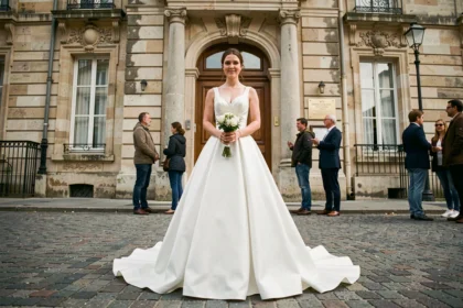 Femme en robe de mariée blanche longue devant une mairie française, exemple d'erreur de style pour un mariage civil