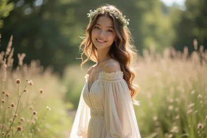 Jeune femme portant une robe bohème de mariage civil en mousseline légère avec dentelle, dans un jardin fleuri en plein air