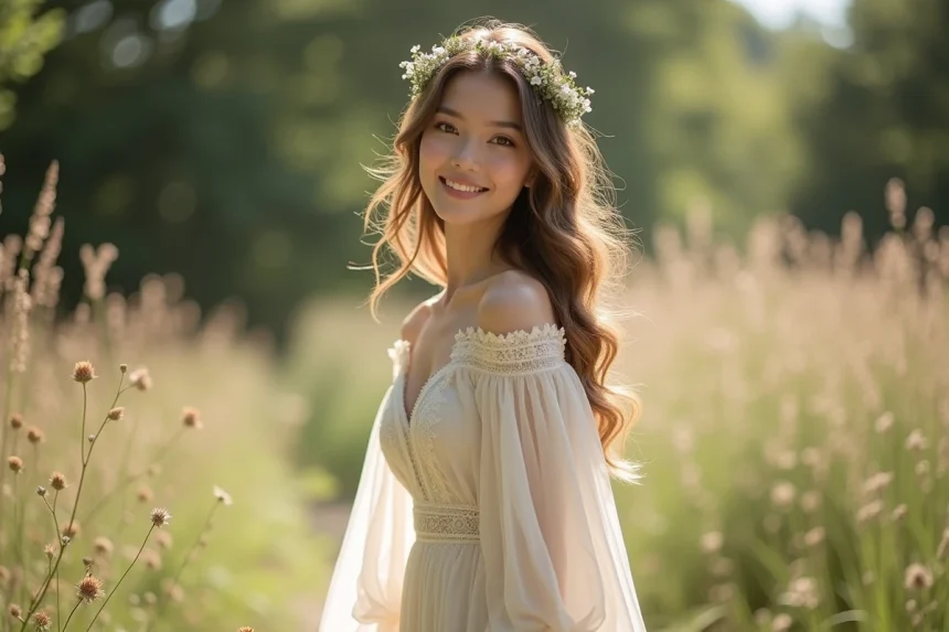 Jeune femme portant une robe bohème de mariage civil en mousseline légère avec dentelle, dans un jardin fleuri en plein air