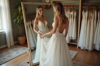 Femme souriante en robe de mariée boheme vintage