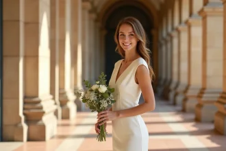 Femme en robe habillée ivoire midi pour un mariage civil dans un couloir de mairie parisienne