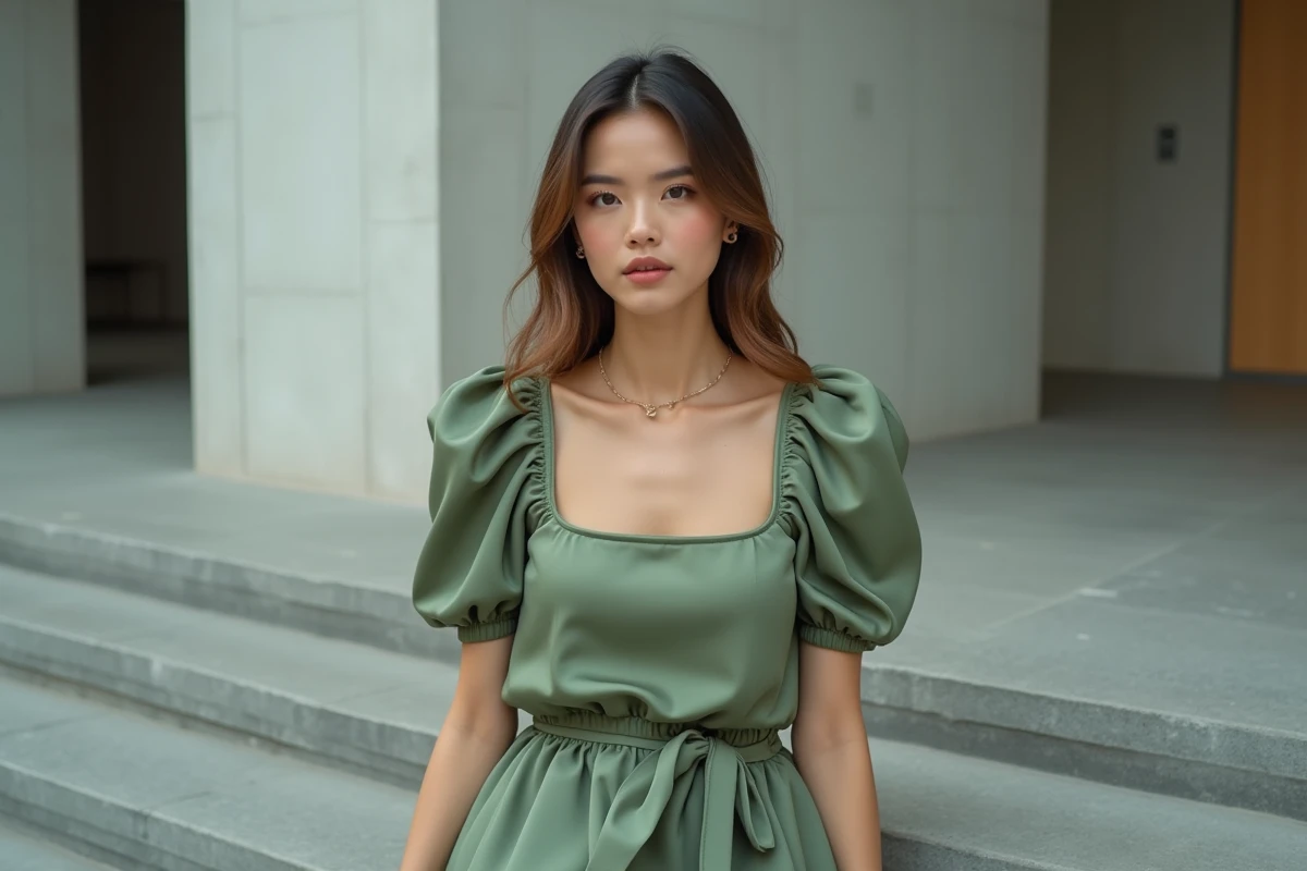 Femme en robe structurée vert sauge assise sur les marches d'une mairie moderne pour un mariage civil élégant