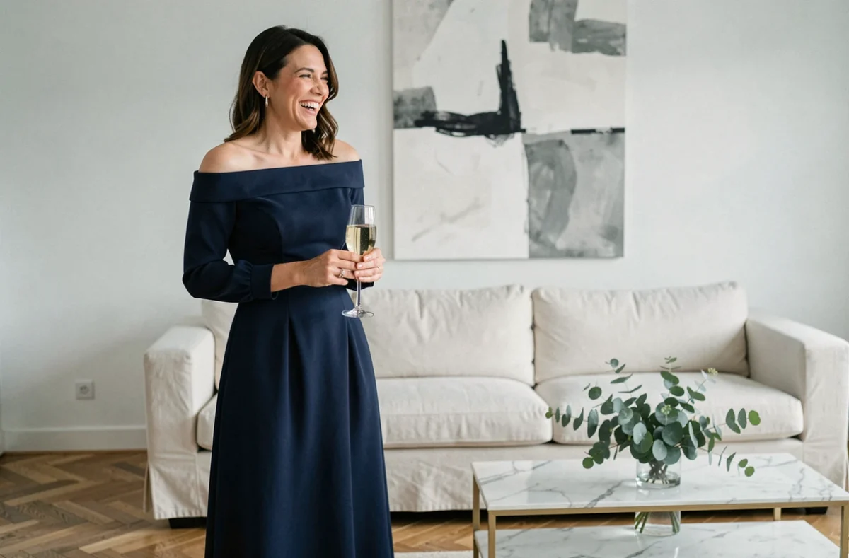 Femme en longue robe de soirée bleu marine à épaules dénudées tenant une coupe de champagne dans un salon moderne, idéale pour revisiter sa robe de mariage au quotidien