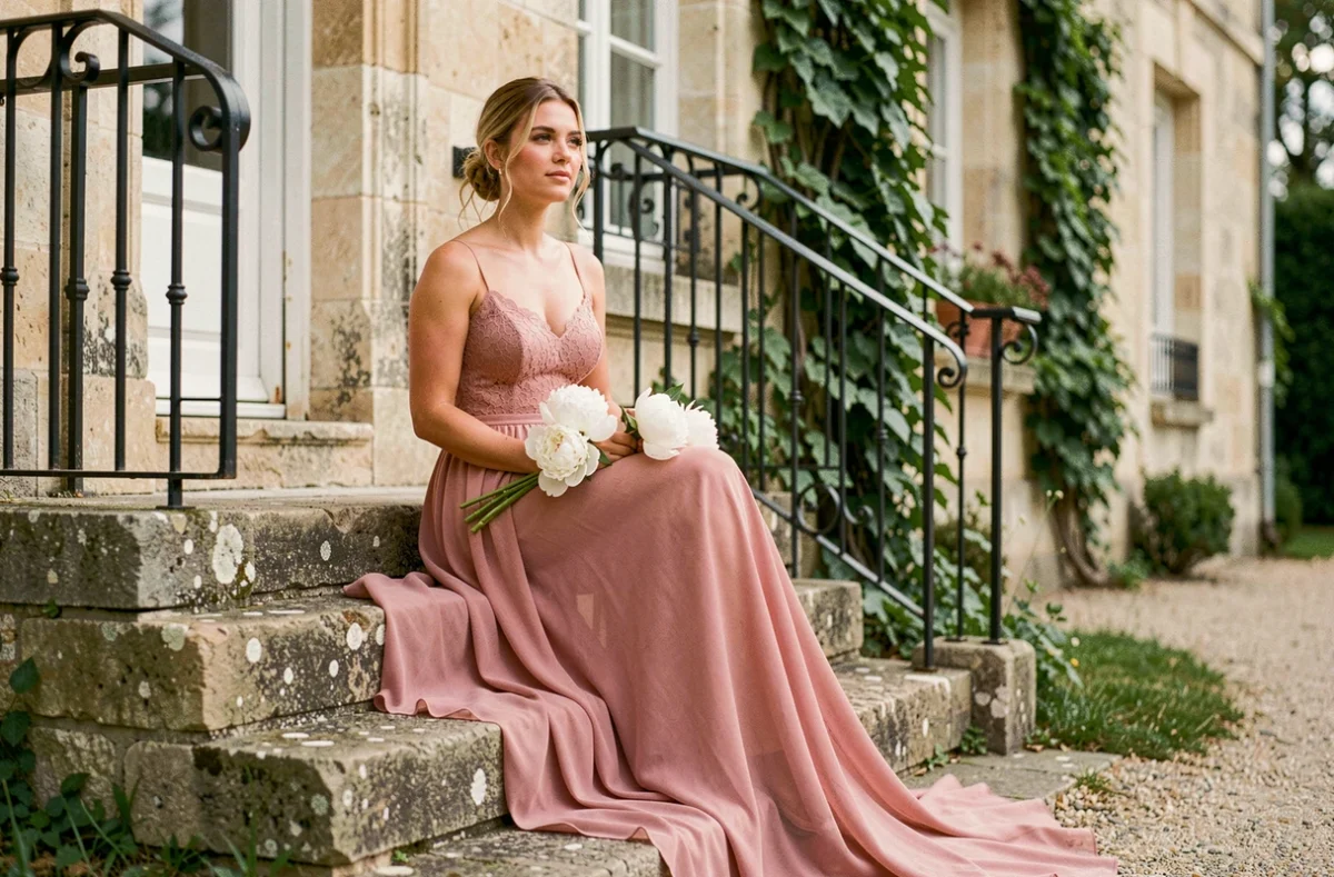 Femme en longue robe de soirée rose en mousseline assise sur les marches d'un château français avec des pivoines blanches pour un mariage champêtre