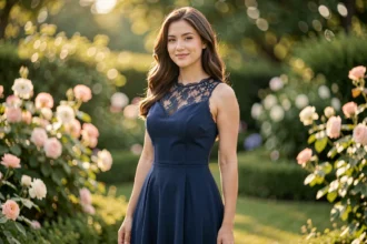 Jeune femme portant une robe de mariage bleu marine élégante dans un jardin fleuri, tenue stylée petit budget