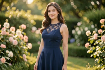 Jeune femme portant une robe de mariage bleu marine élégante dans un jardin fleuri, tenue stylée petit budget
