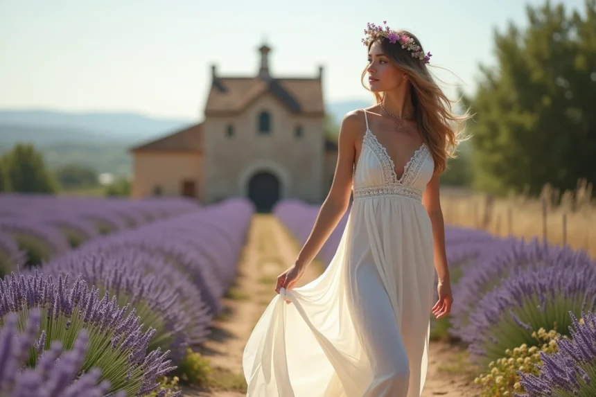Mariée en robe bohème chic ivoire avec dentelle dans un champ de lavande en Provence, look naturel et romantique