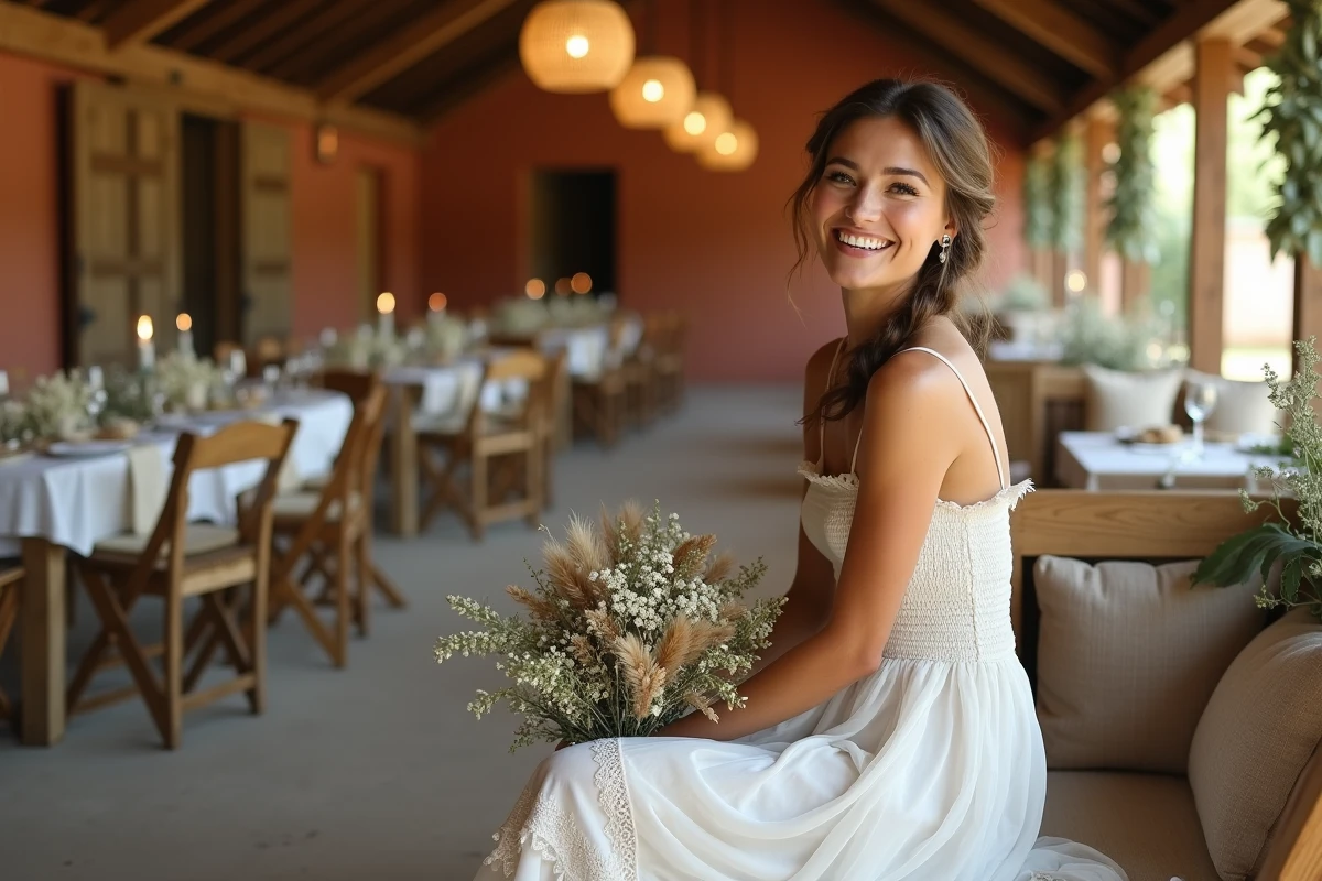 Mariée en robe bohème rustique à volants et smocks assise dans une grange décorée pour un mariage champêtre